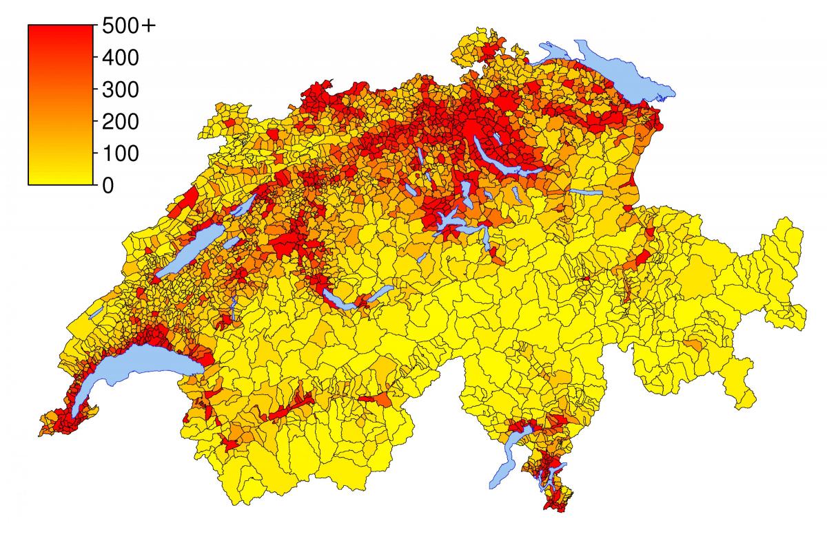 Szwajcaria mapa gęstości zaludnienia 