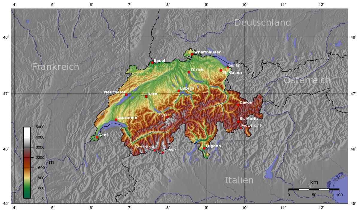 mapa Szwajcarii wysokości